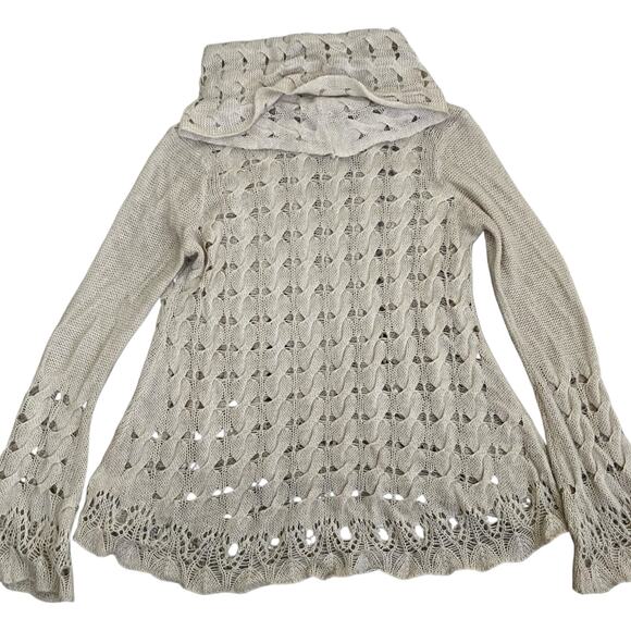 Nine West Sz M Tan Open Cable-knit Cowl Neck Sweater With Bell Sleeves Fairy - Picture 14 of 16